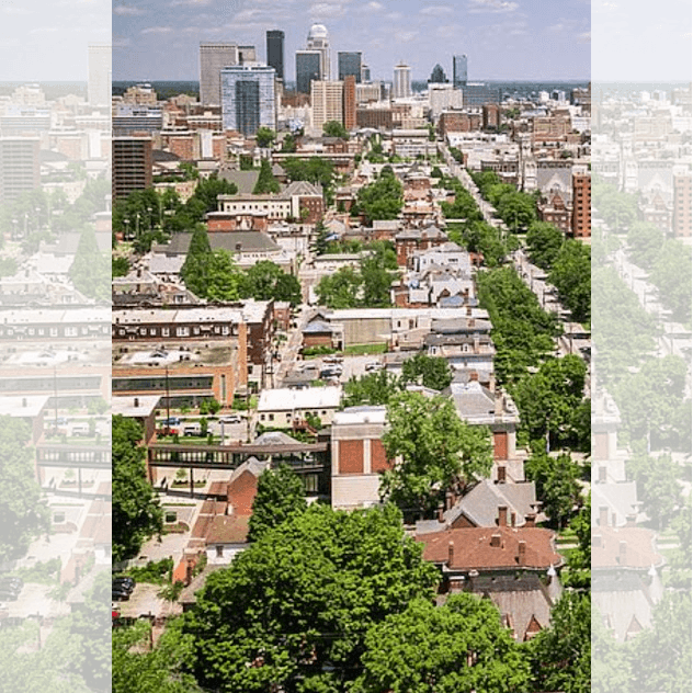 Aerial view of a city skyline with green tree-lined streets.